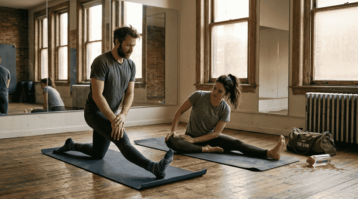 Athletes stretching in regular leggings studio