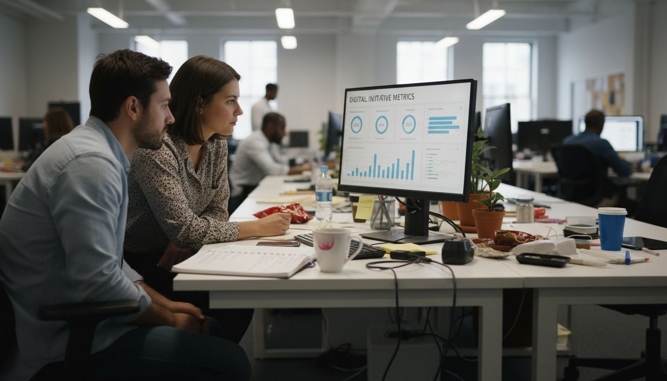 IT team reviewing digital strategy dashboard