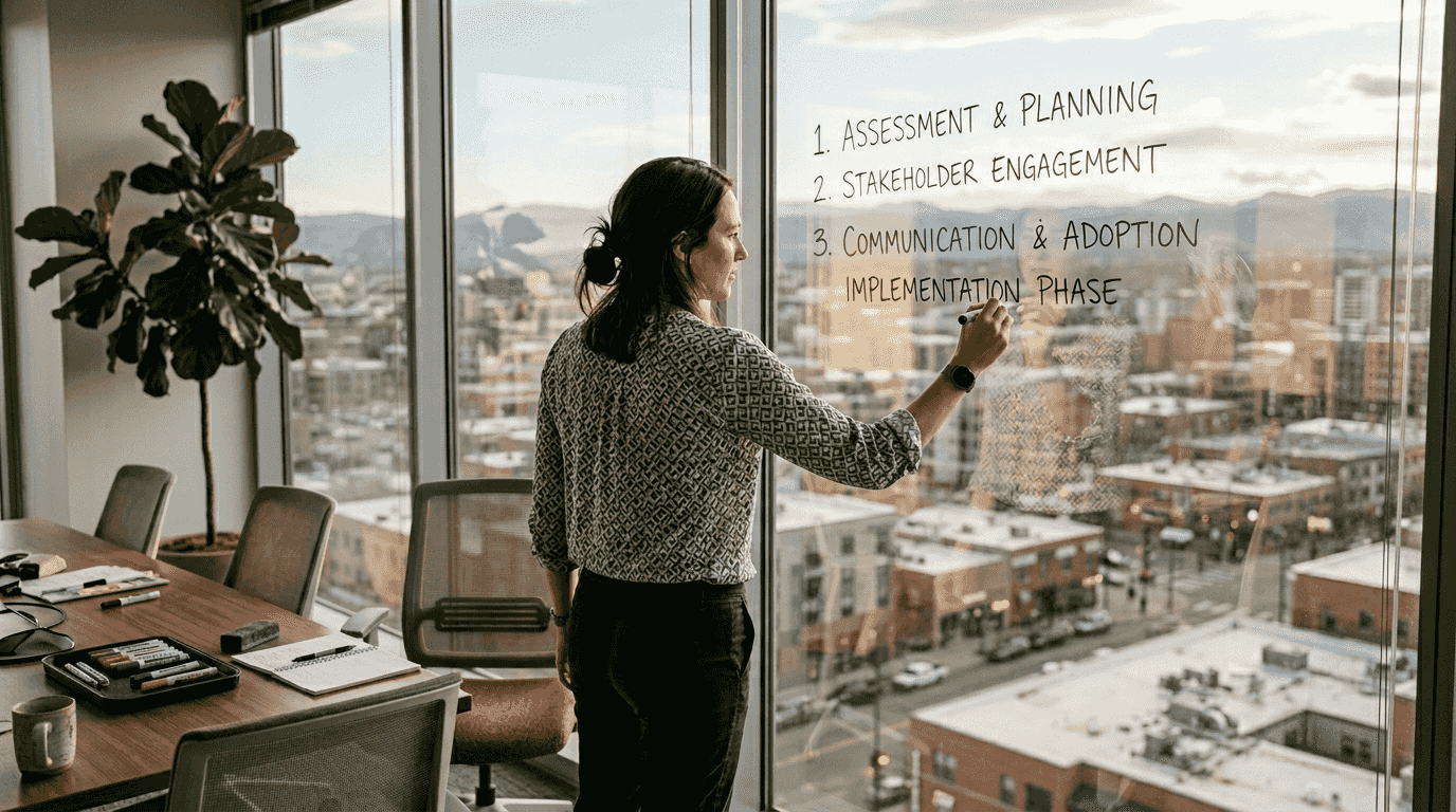 Manager listing change phases on glass wall