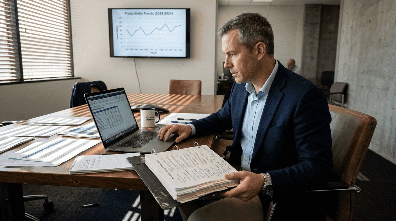Consultant reviewing business metrics in boardroom