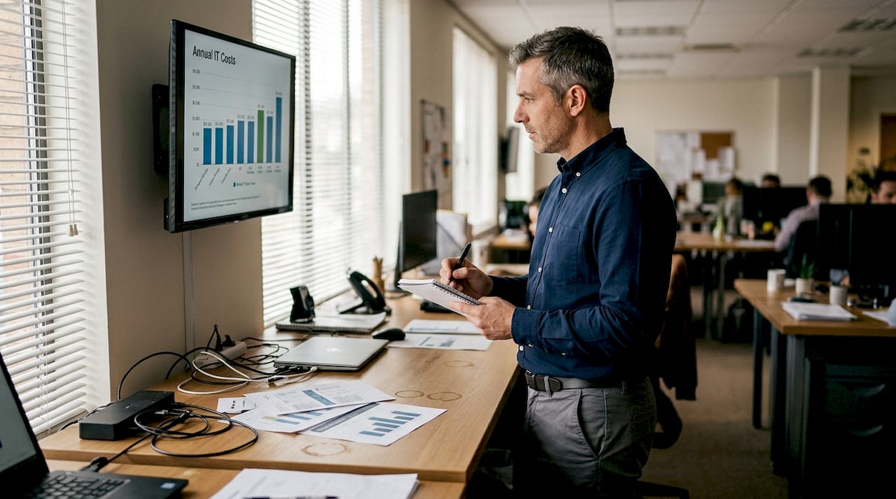 IT consultant analyzing cost savings chart
