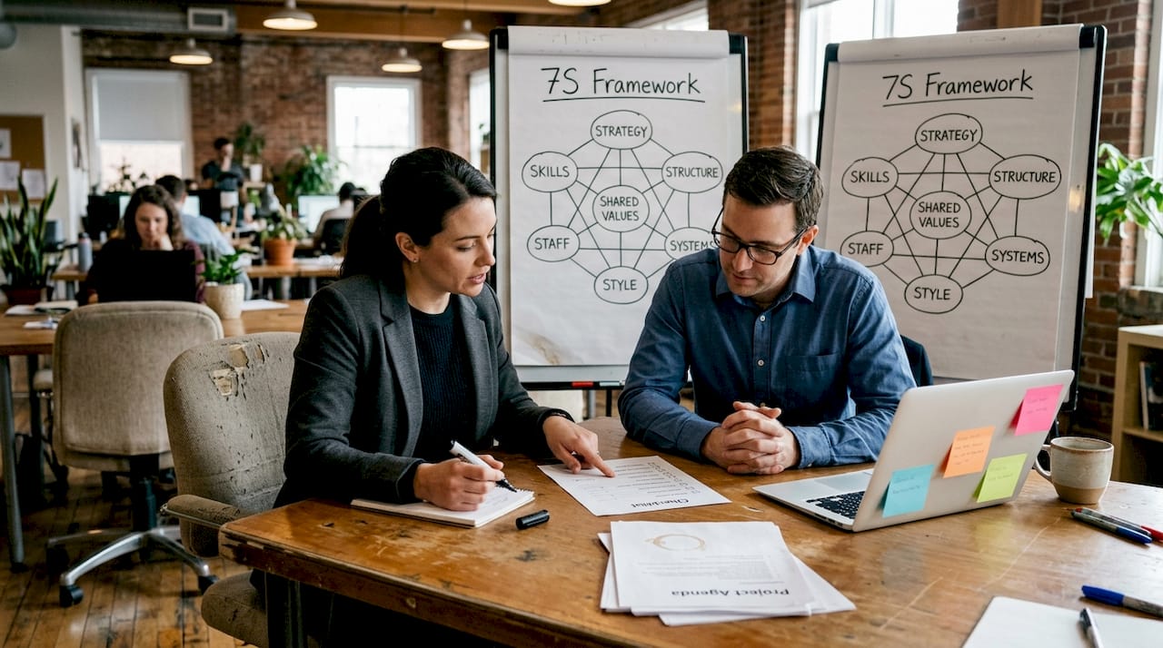 Consultants reviewing framework on flip chart