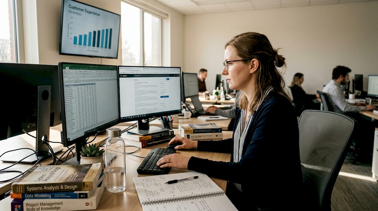 Analyst reviews customer experience on screens