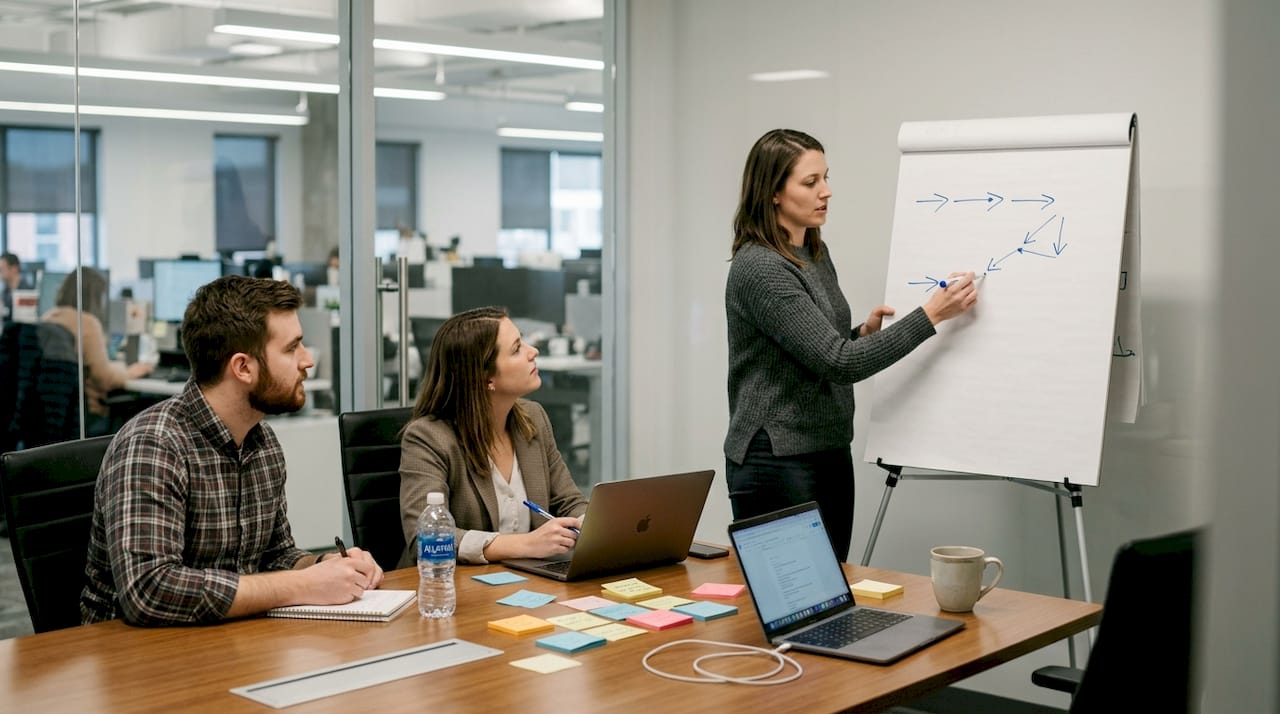 Manager sketches workflow on large notepad