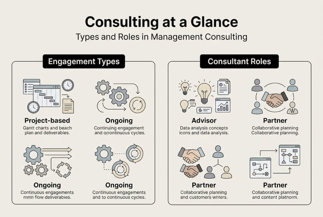 Infographic summarizing consulting types and roles