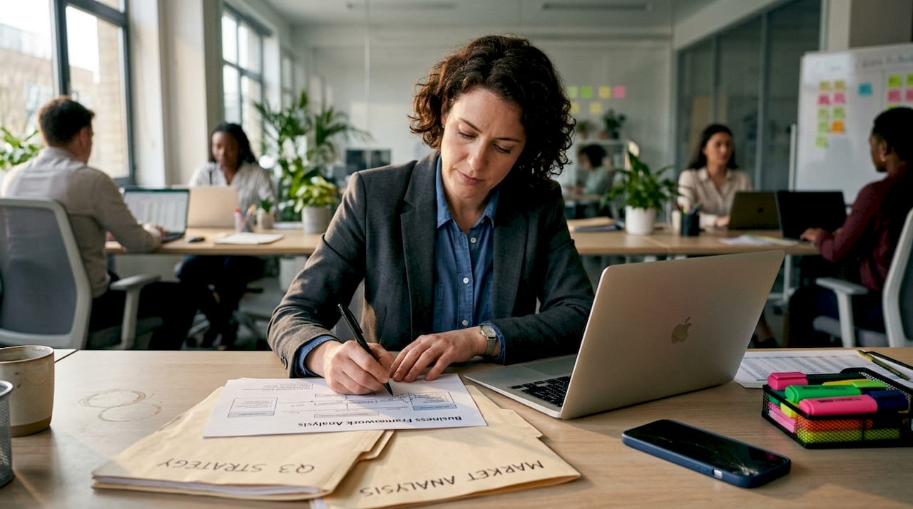 Consultant using framework diagram at desk