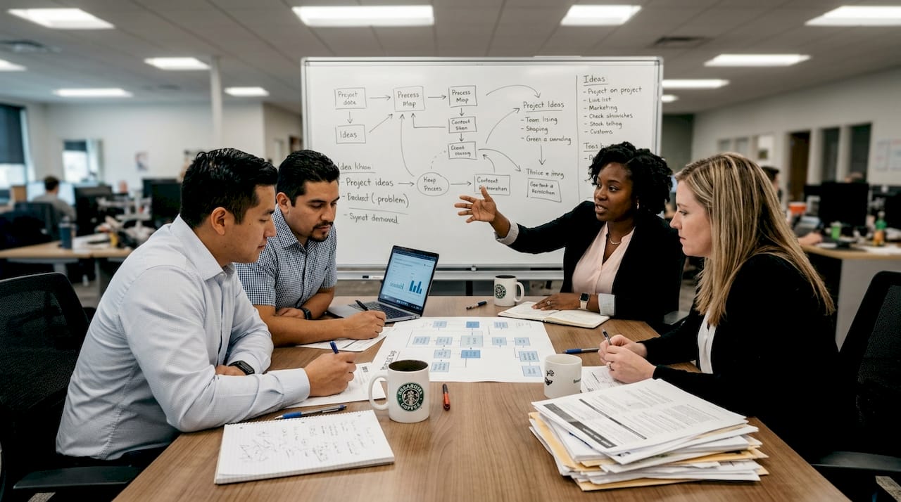 Team discussing business challenges and solutions