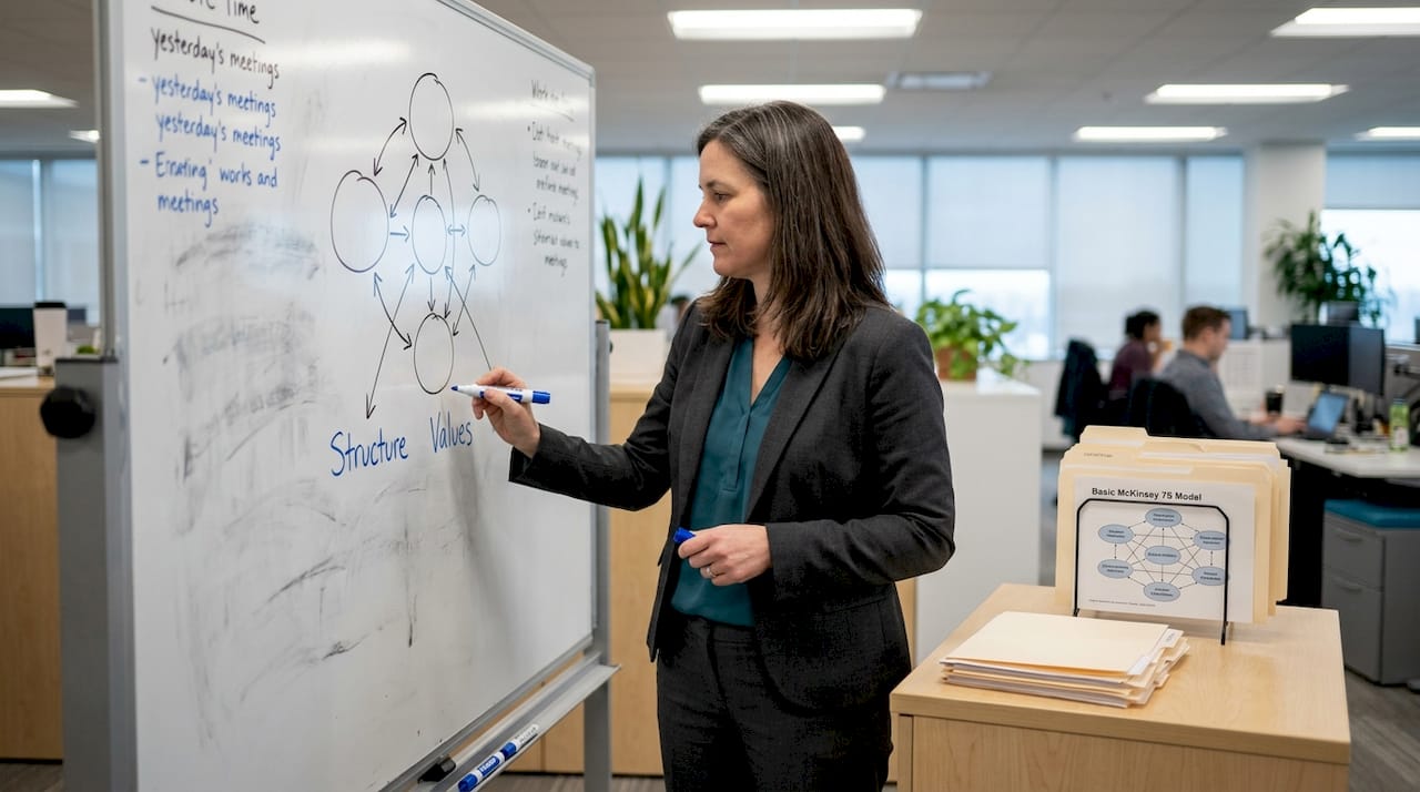 Manager updating whiteboard with strategy circles