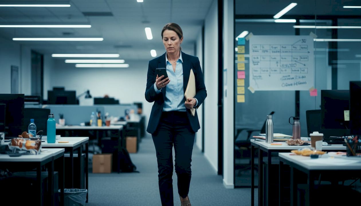 Manager checking phone in busy office hallway