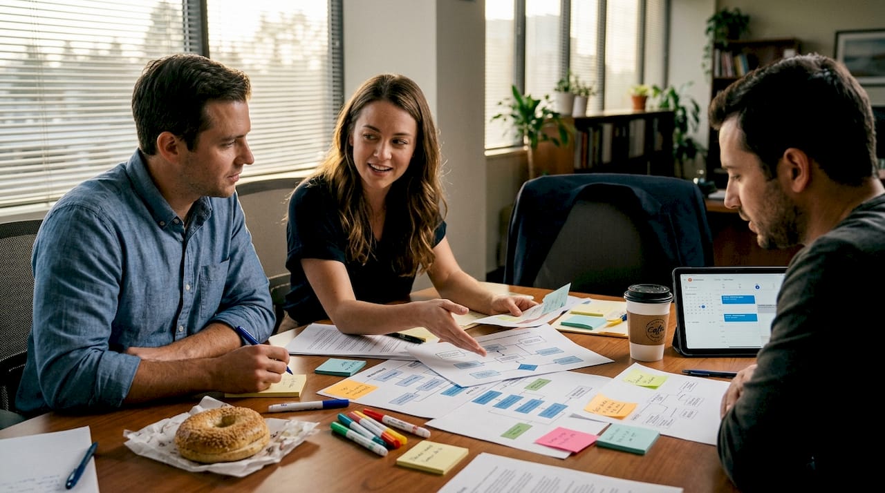 Team discussing workflow in conference room
