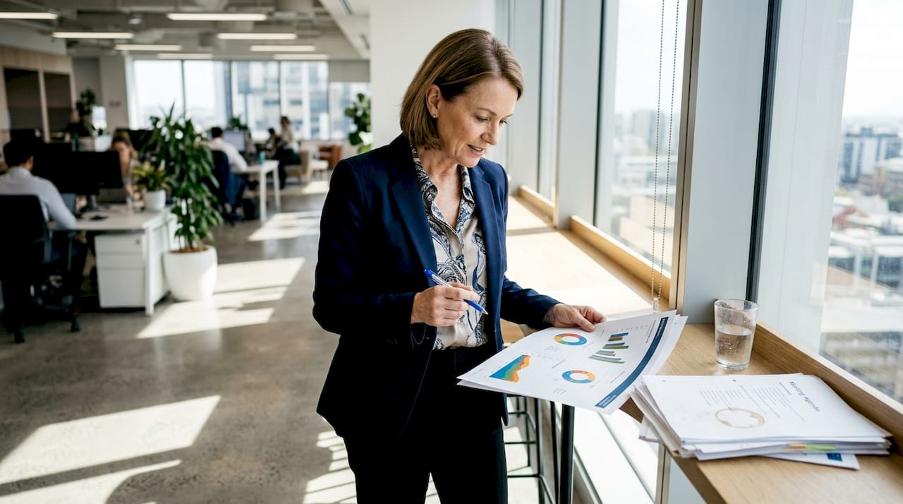 Executive examining printed performance charts