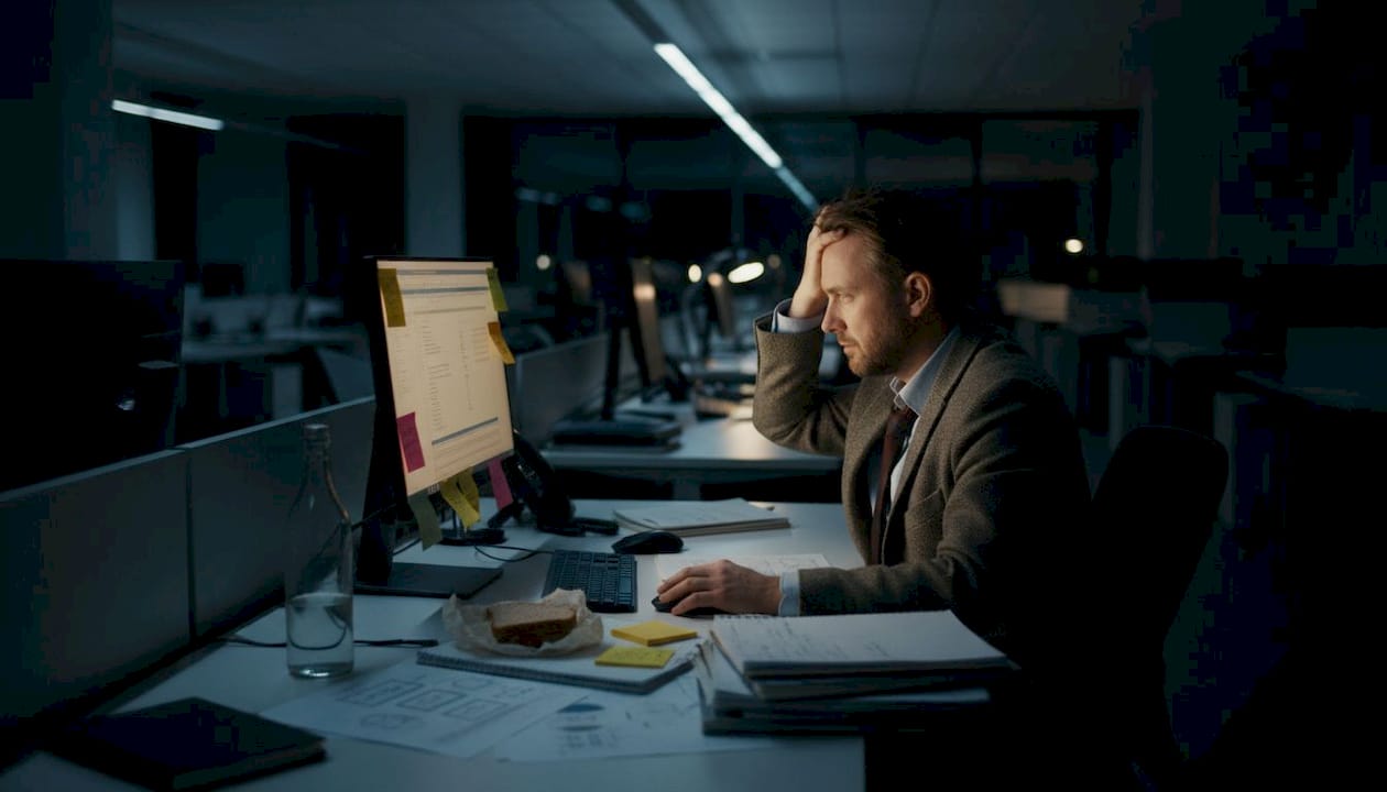 Manager working overtime at cluttered desk