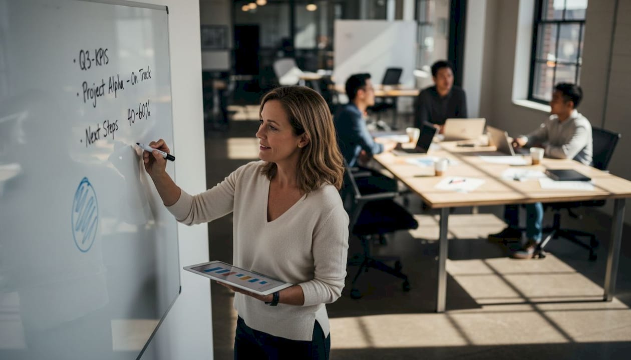 Team reviewing project results and metrics