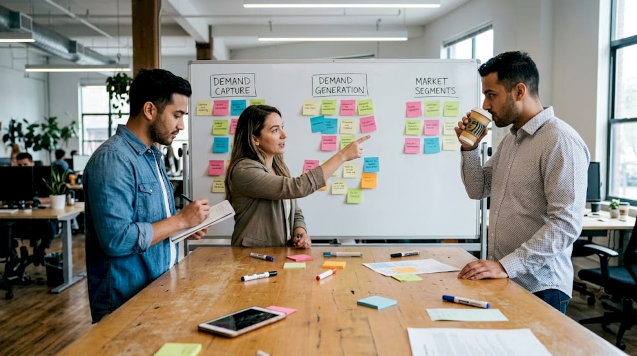 Team analyzing market segments using sticky notes
