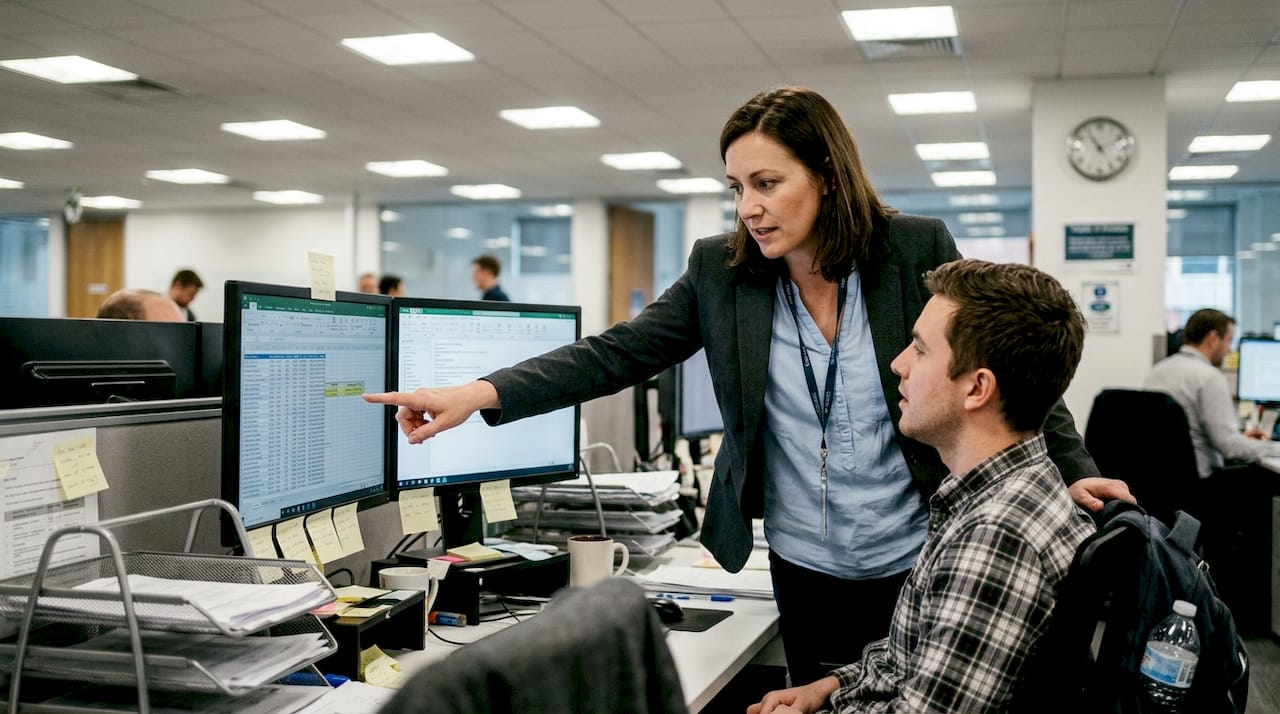 Manager and colleague discussing project workflow