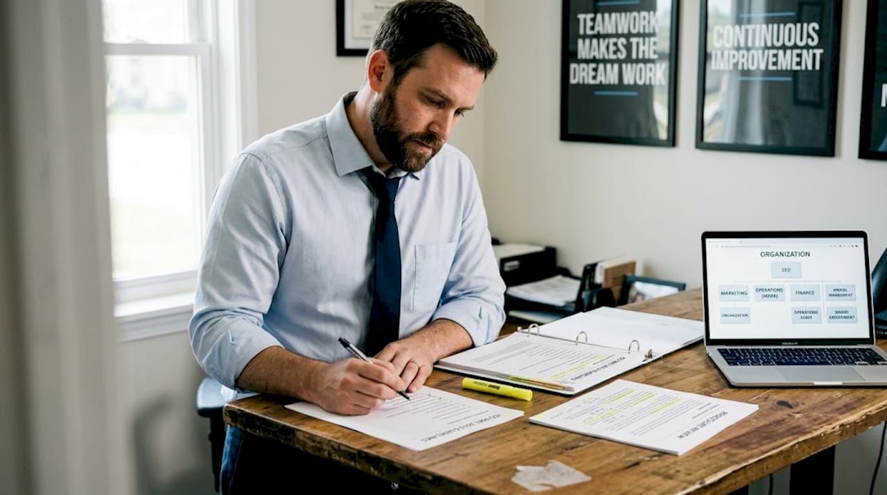 Manager reviewing printed compliance documents