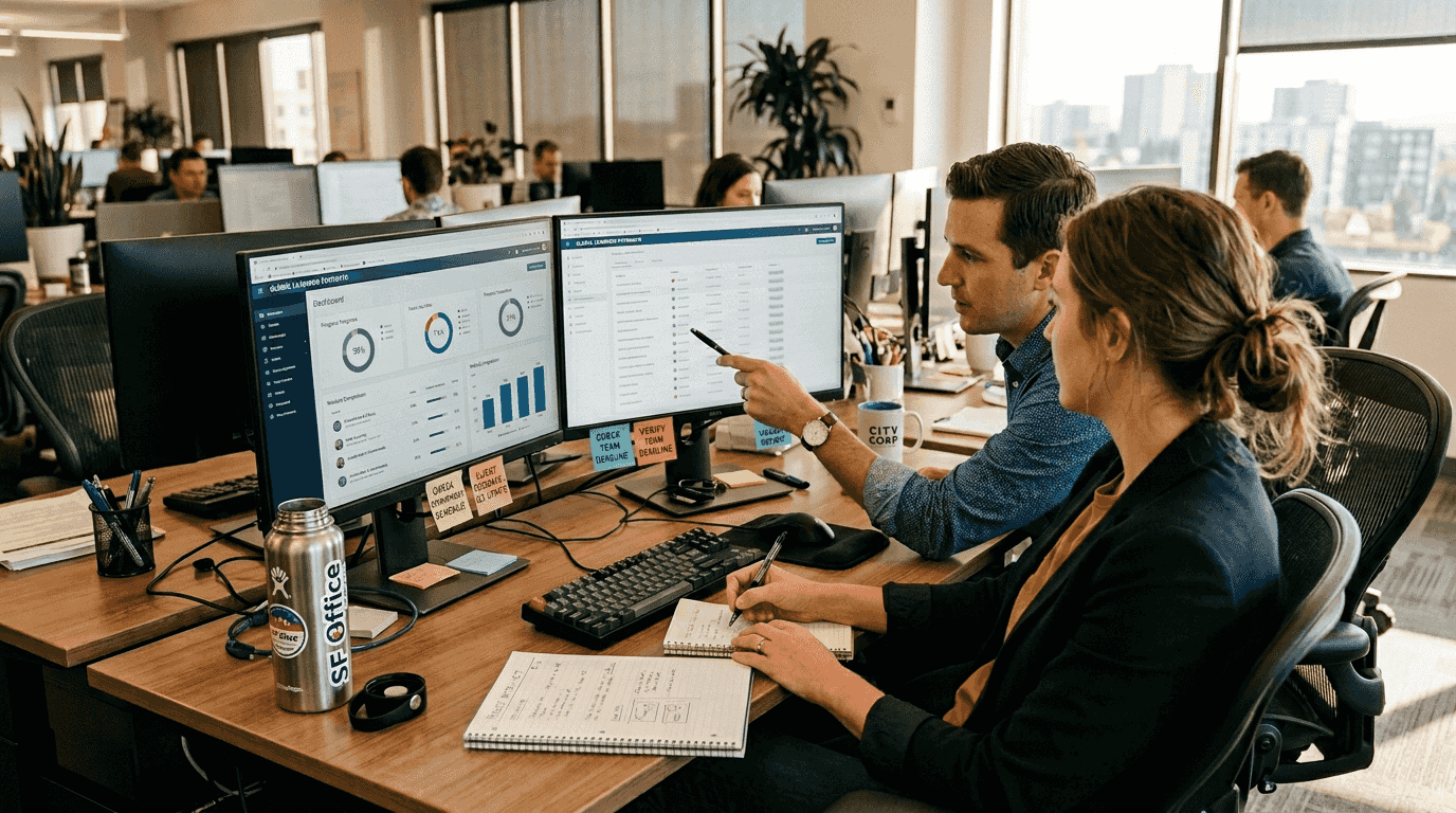 Team collaborating at LMS progress tracking station