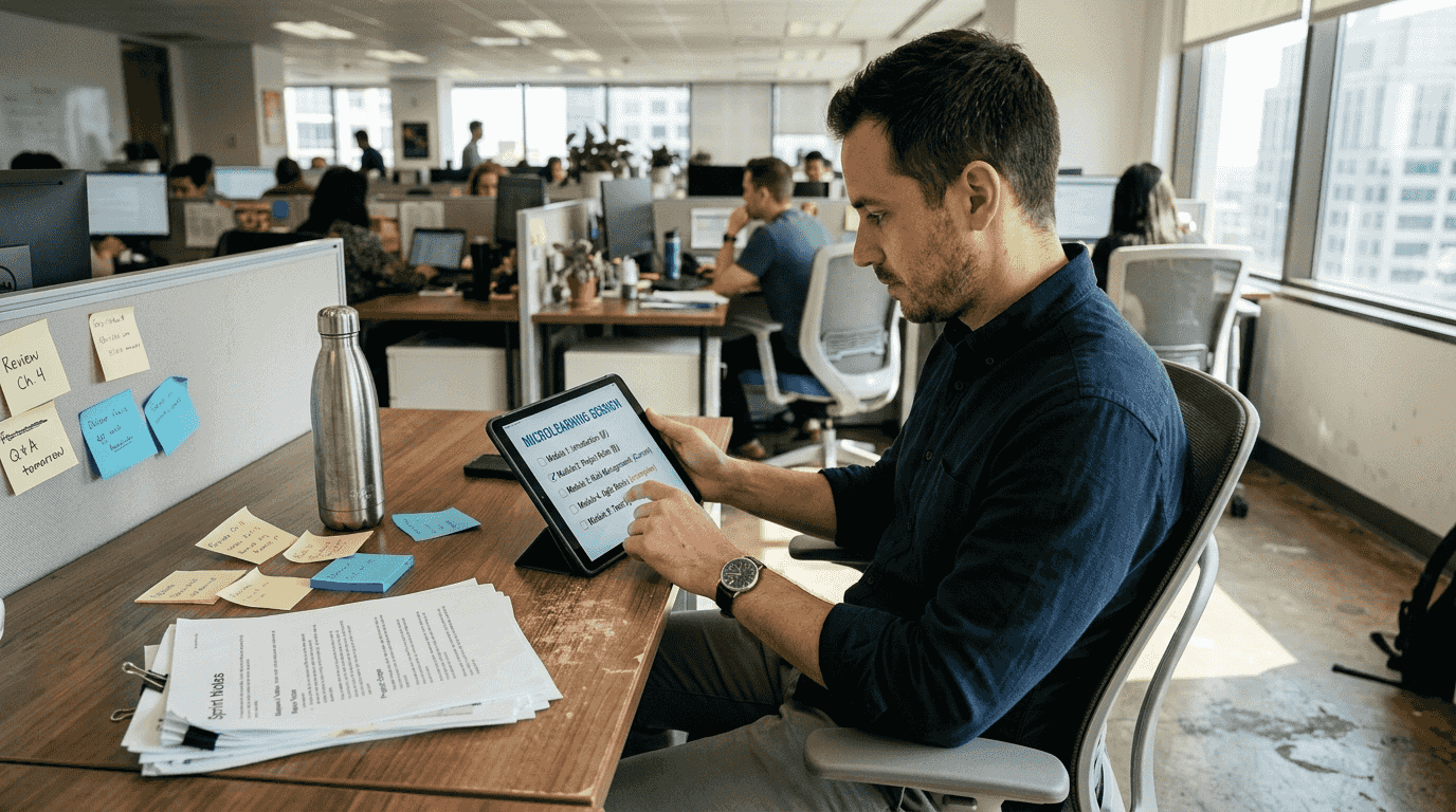 Employee engaged in digital microlearning at desk