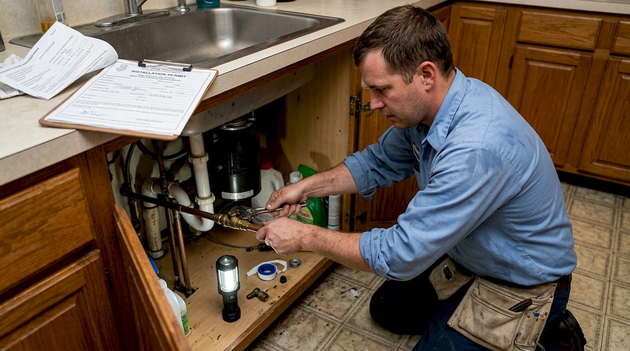 Plumber installing backflow device under sink