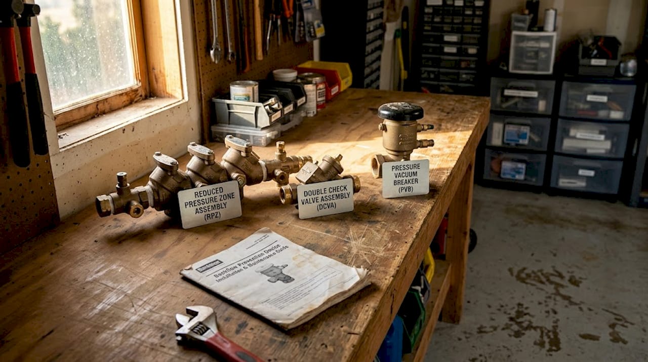 Three labeled backflow devices on workbench