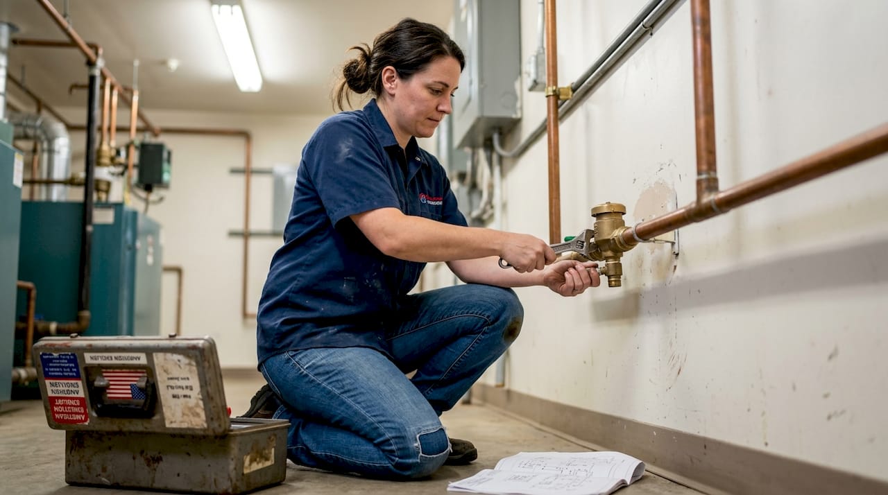 Technician installs commercial backflow device