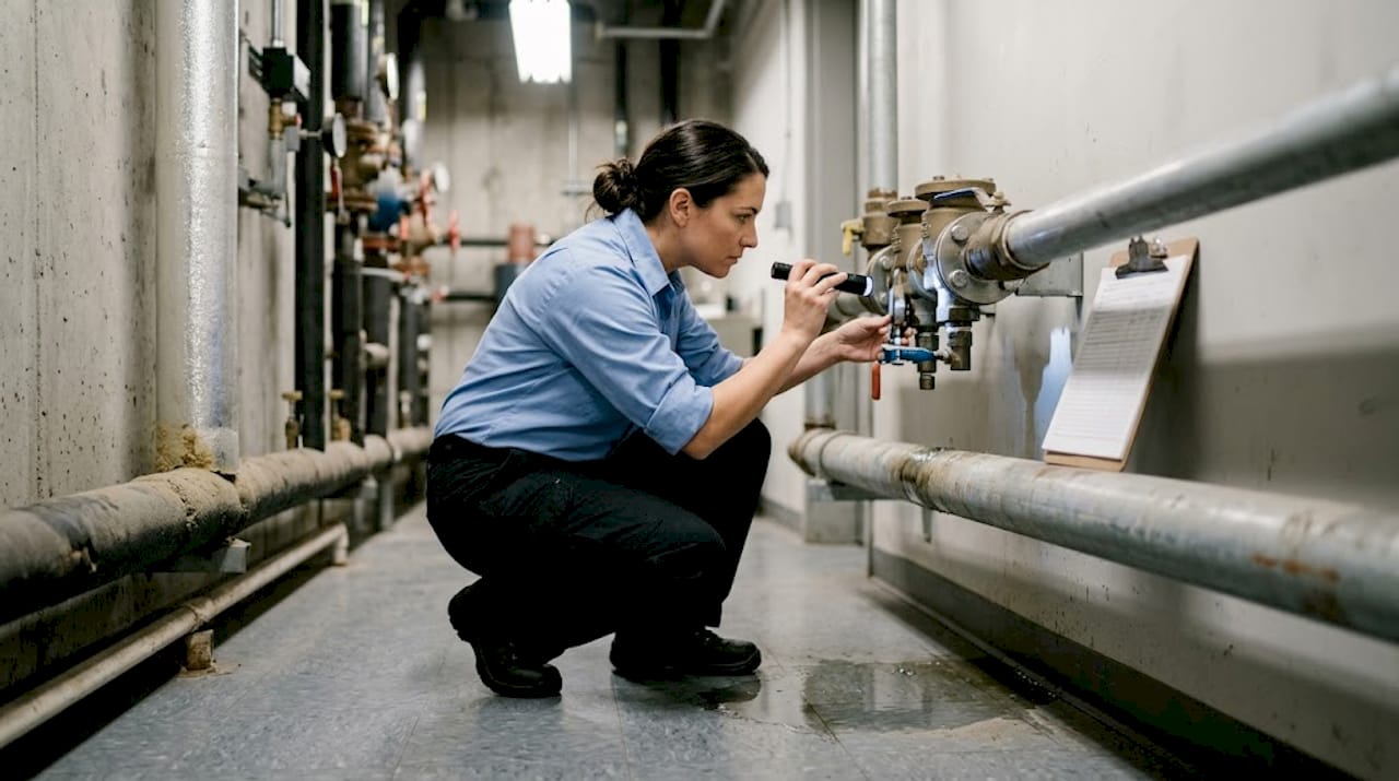 Inspector checking backflow device for leaks