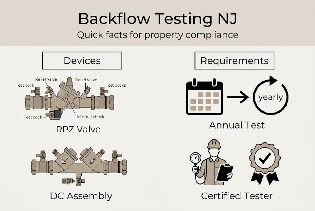 Infographic summarizing NJ backflow testing requirements
