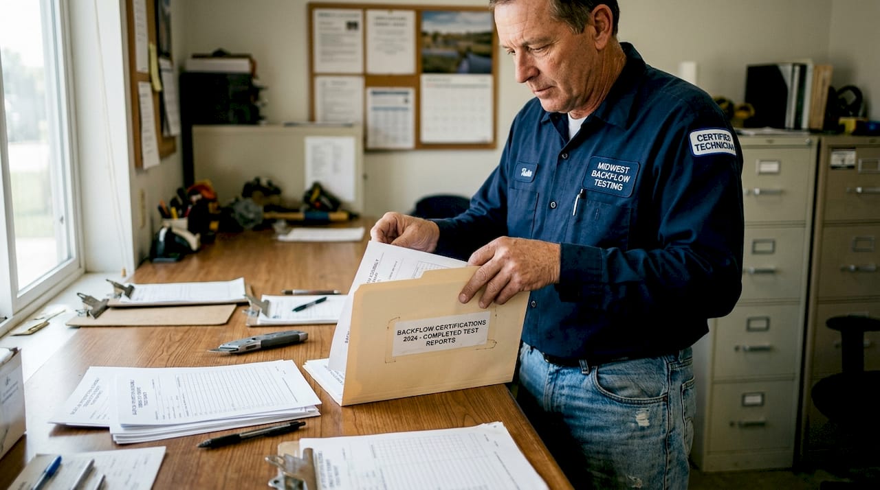 Backflow tester organizing certification paperwork