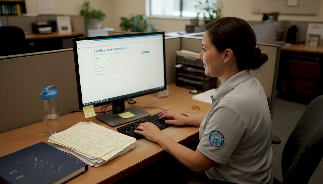 Technician entering backflow device test report