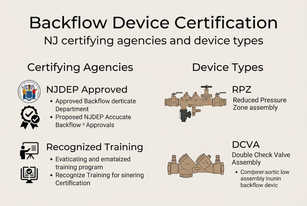 Infographic showing NJ backflow certification agencies and devices