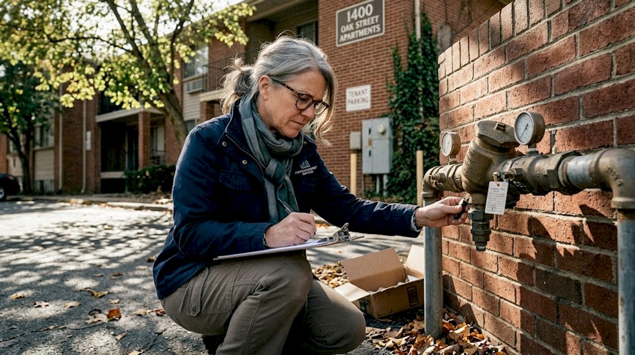 Property manager inspects outdoor backflow device