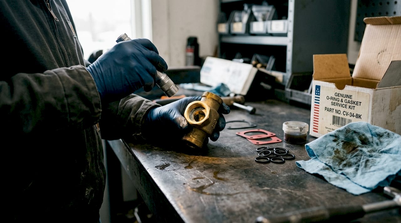 Technician examining backflow preventer valve seat
