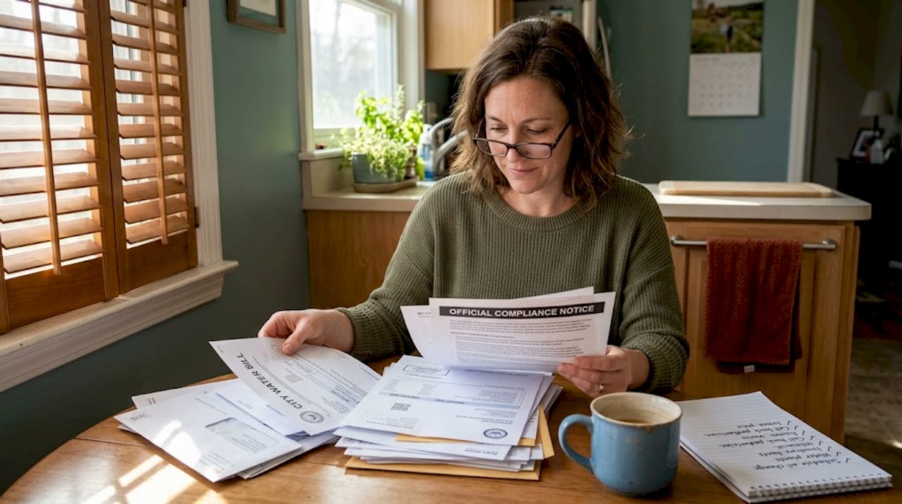 Woman reviews water bill and compliance notice at kitchen table