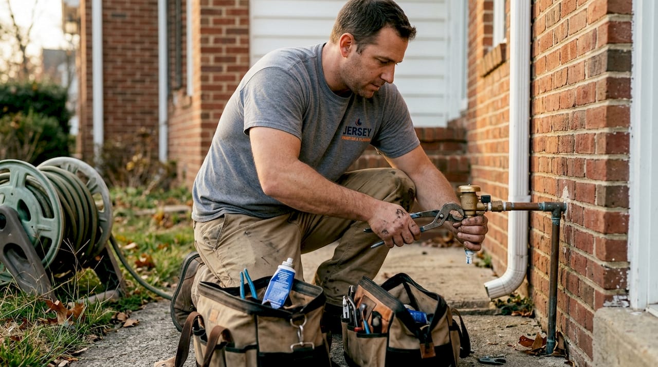 Plumber installing backflow device outdoors
