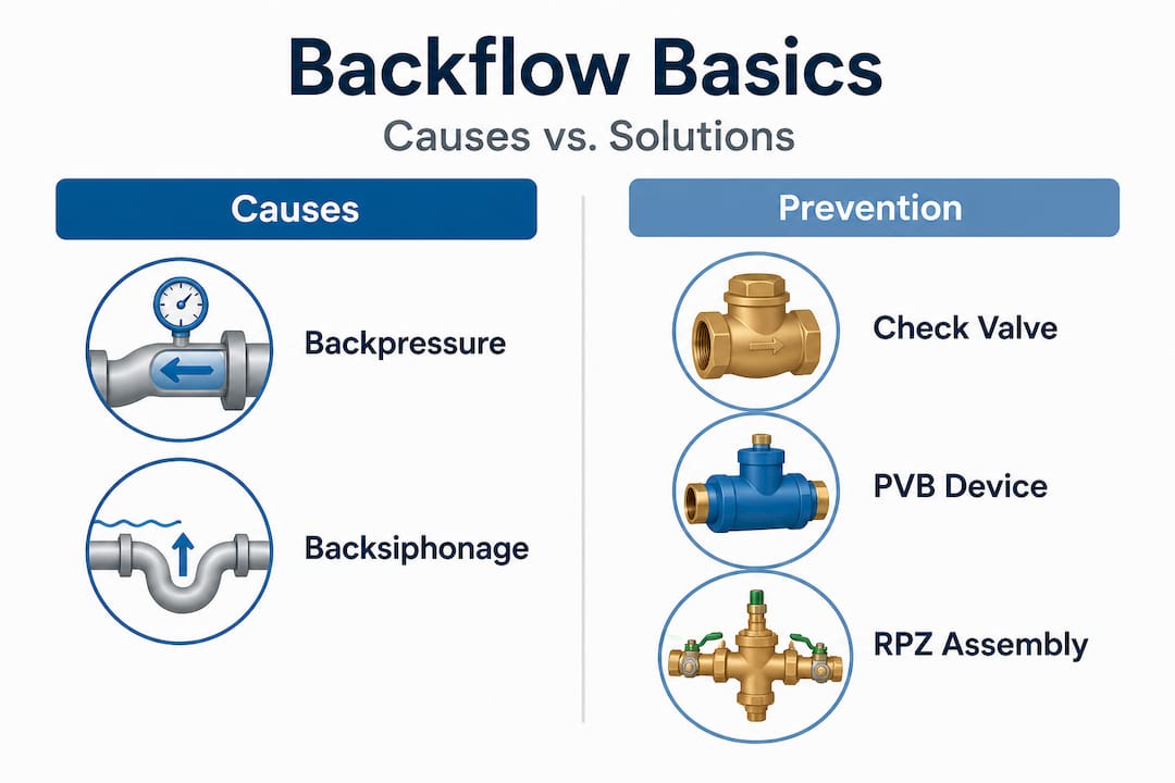 Infographic comparing backflow causes and solutions