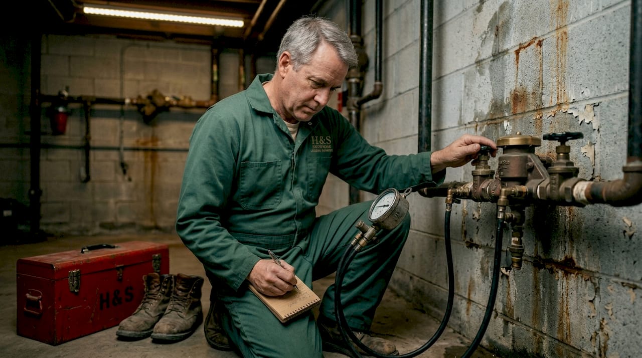 Plumber tests backflow preventer with gauge