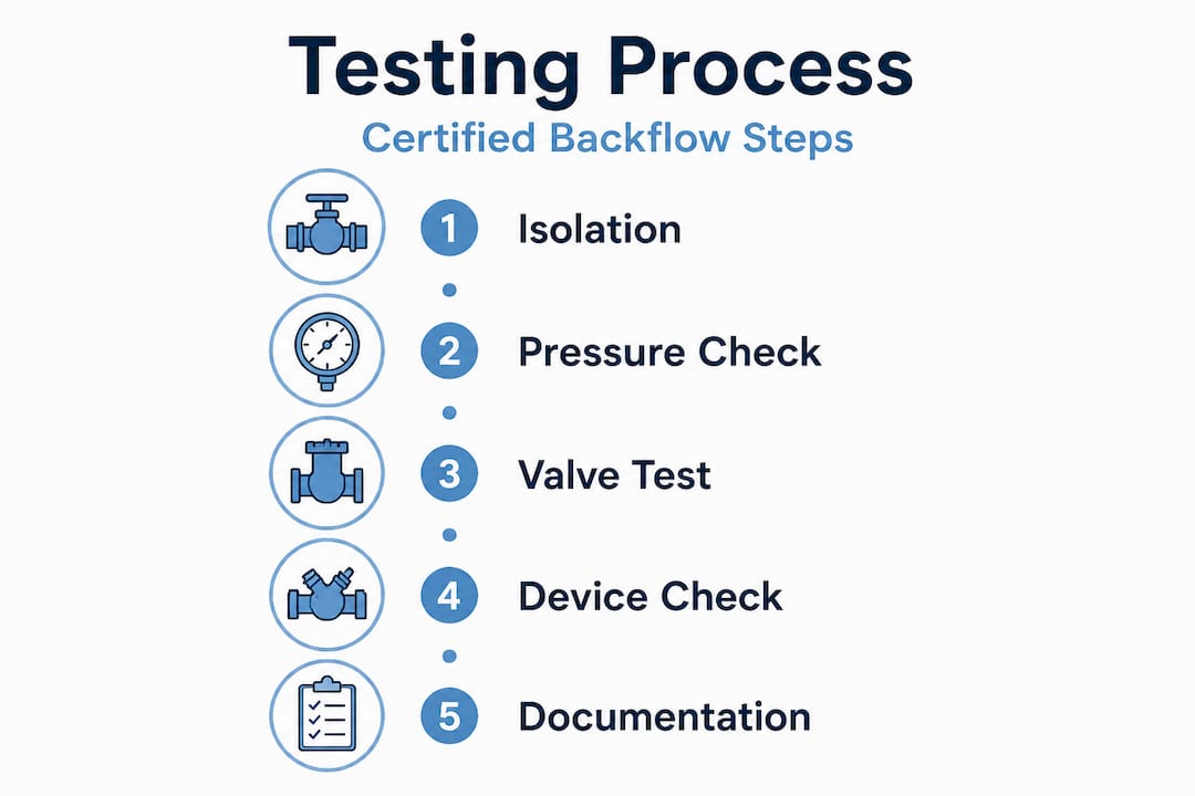 Five-step certified backflow testing process infographic