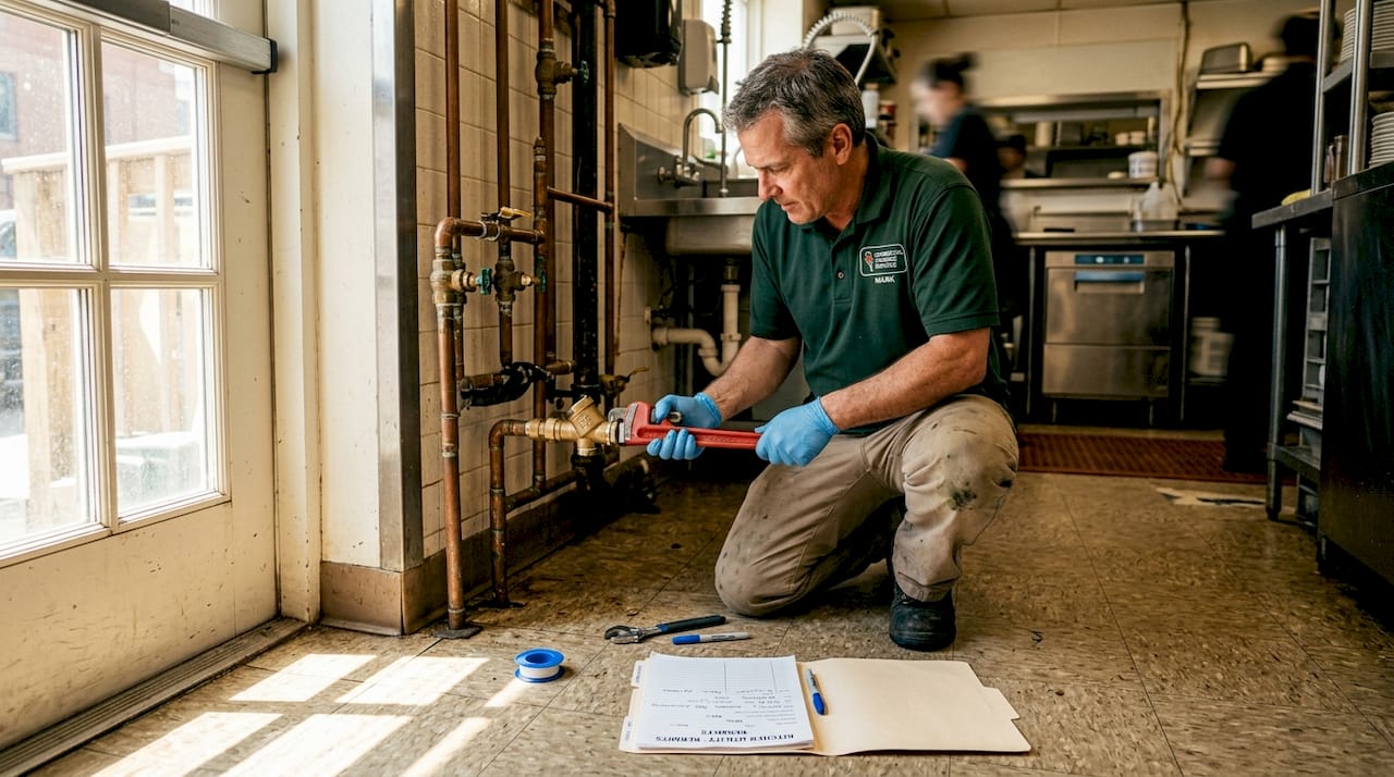Plumber working on backflow valve installation