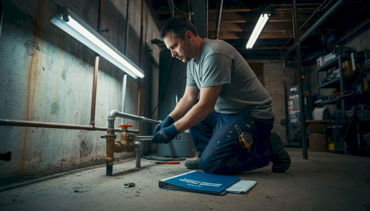 Plumber installs commercial backflow device