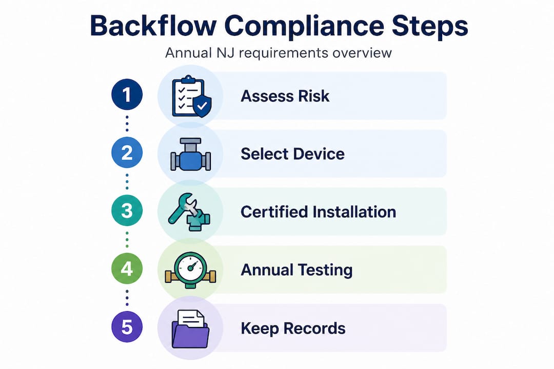 Infographic showing steps for NJ backflow compliance