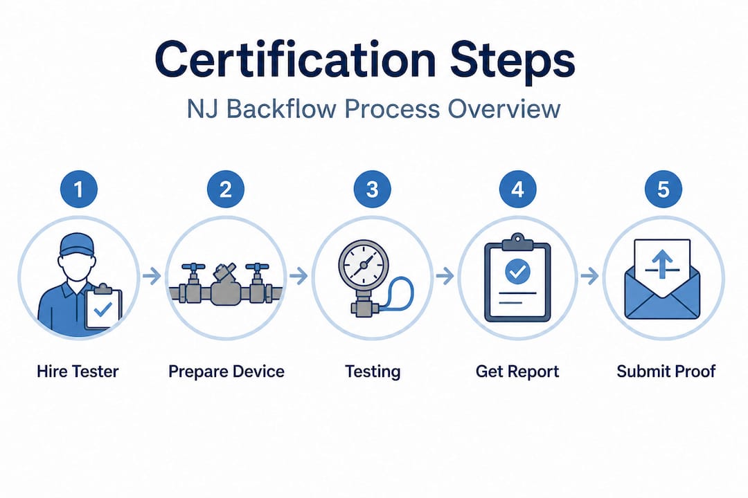 Infographic outlining New Jersey backflow certification steps