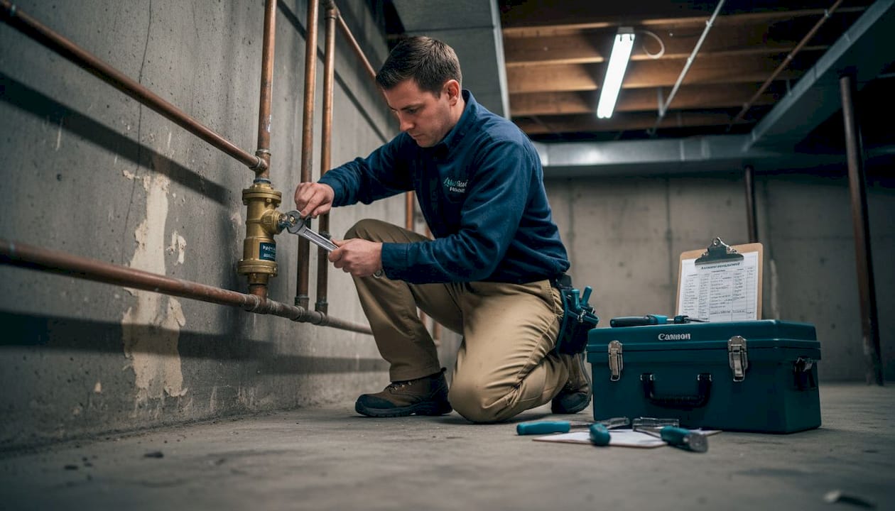 Plumber installing backflow prevention unit