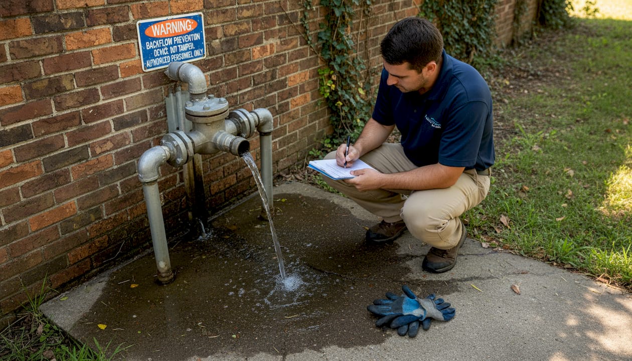Worker records continuous RPZ valve discharge