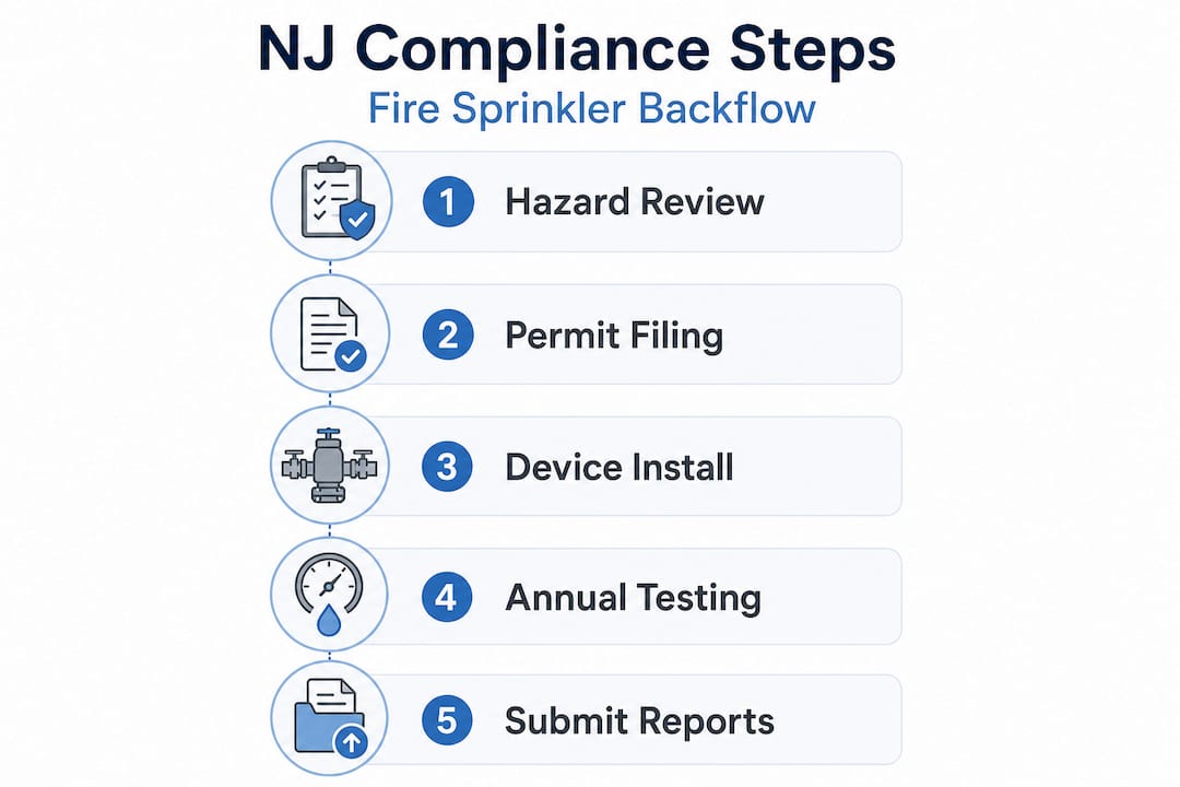 Infographic showing NJ sprinkler backflow compliance steps