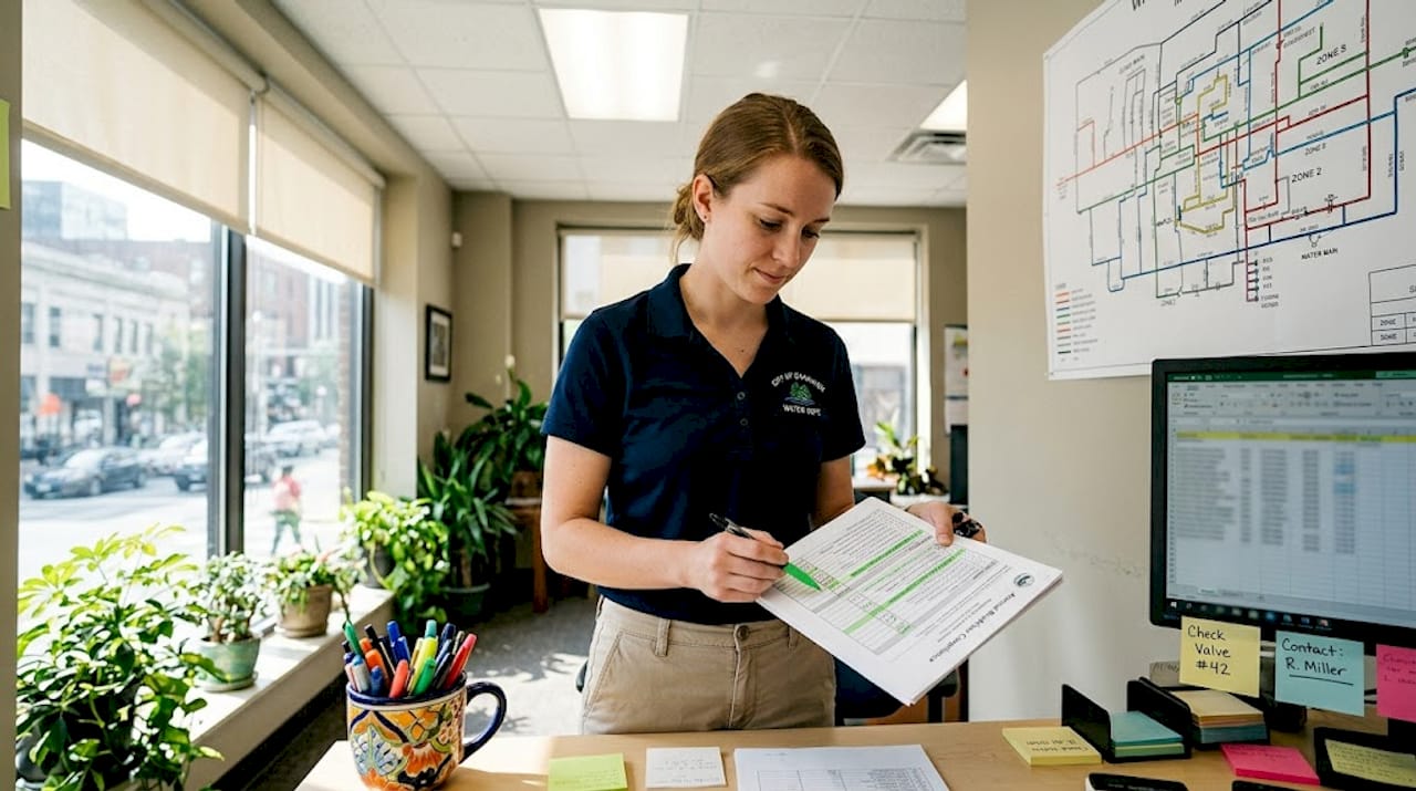 Water utility worker reviewing NJDEP backflow guide
