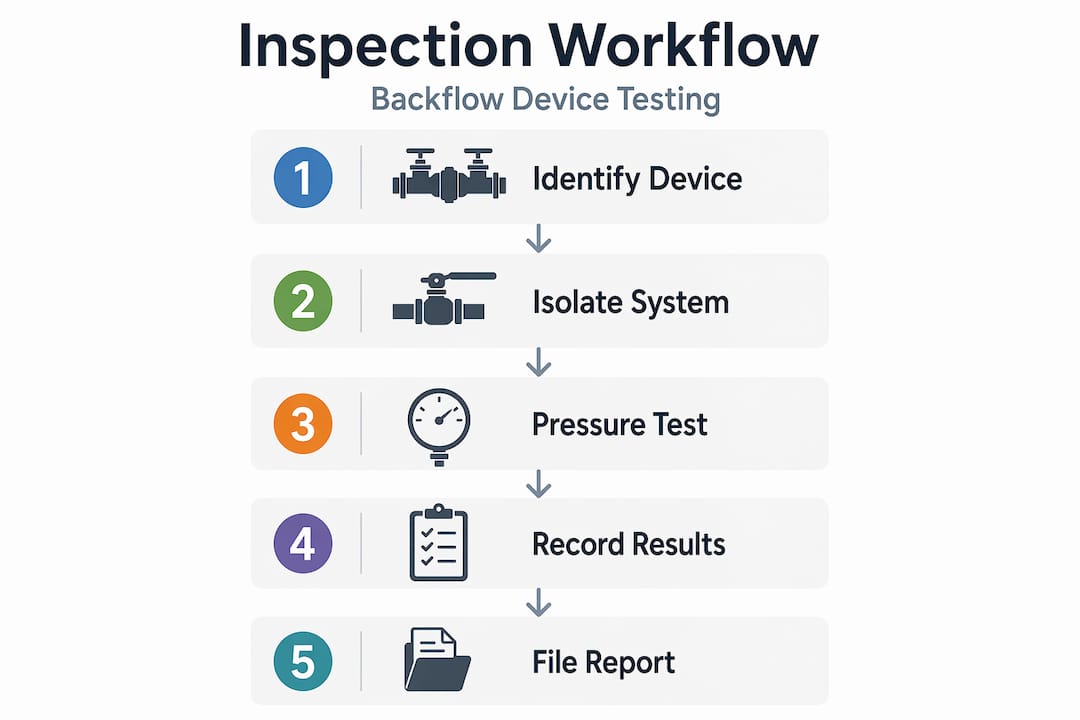 Infographic showing five steps of backflow inspection workflow