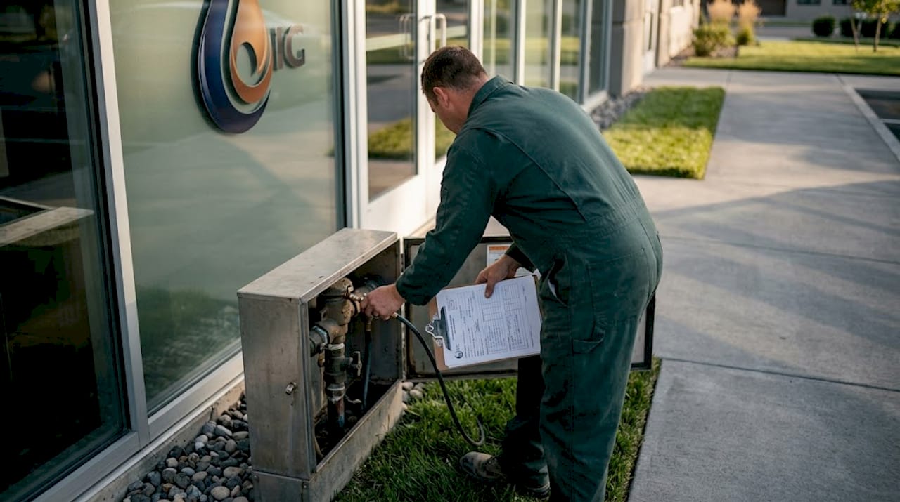 Plumber testing outdoor backflow device