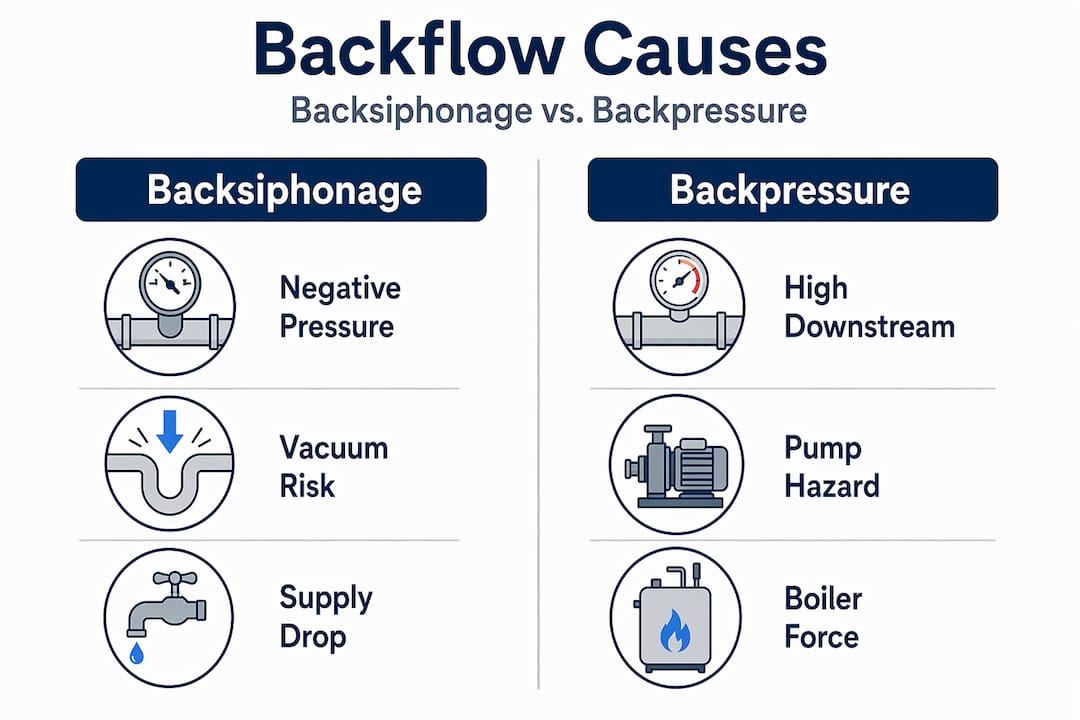 Infographic showing backsiphonage and backpressure comparison