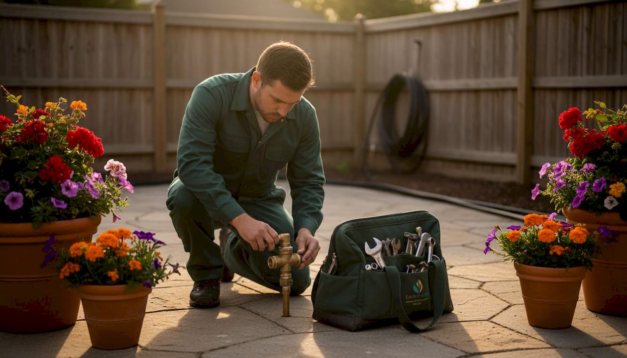 Technician inspecting residential backflow device