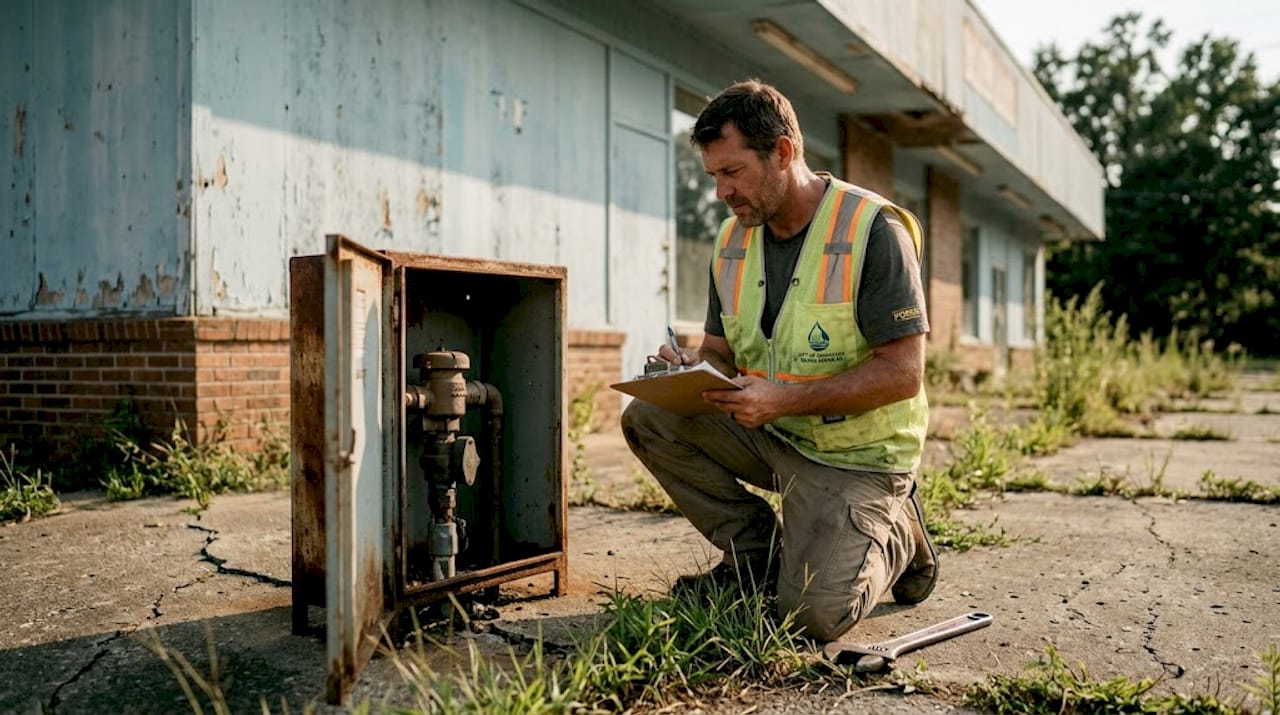 Utility worker inspecting backflow device outdoors